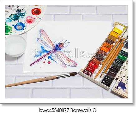 437x364 Art Print Of Composition With Sketch Of Dragonfly And Paints - Paint Palette Sketch