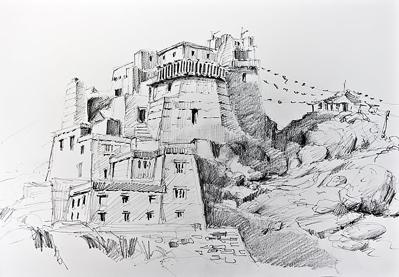 800x557 Dry Brush Leh Palace - Palace Sketch