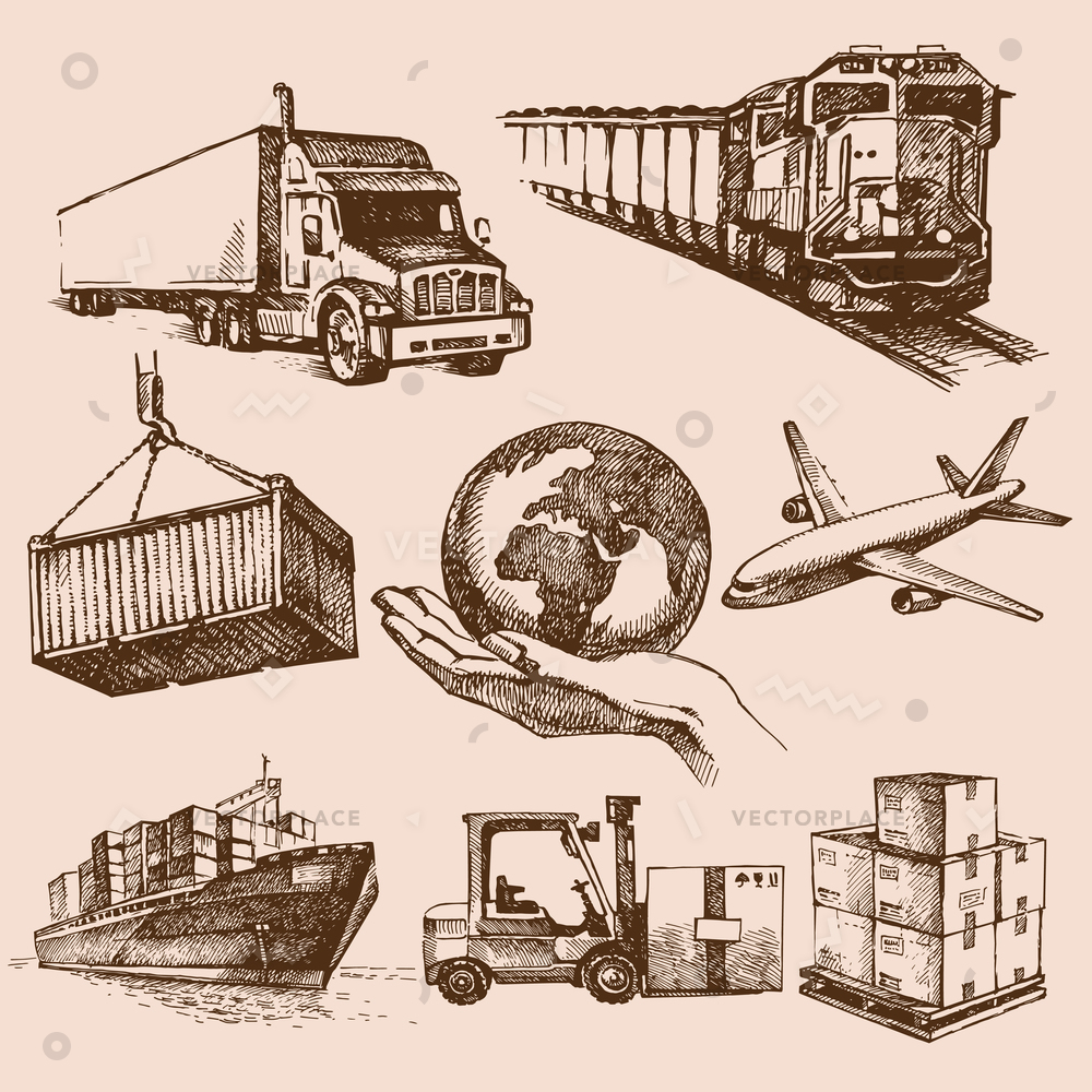 1000x1000 Sketch Logistic Icons Set Truck Freight Vector Illustration 14682 - Pallet Sketch