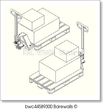 362x382 Art Print Of Hand Fork Lift Truck And Pallet Isometric Outline - Pallet Sketch