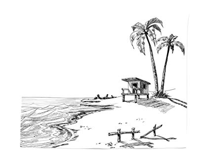 425x335 Lunarable Sketchy Tapestry, Sketch Figure Of Summer - Palm Tree Beach Sketch