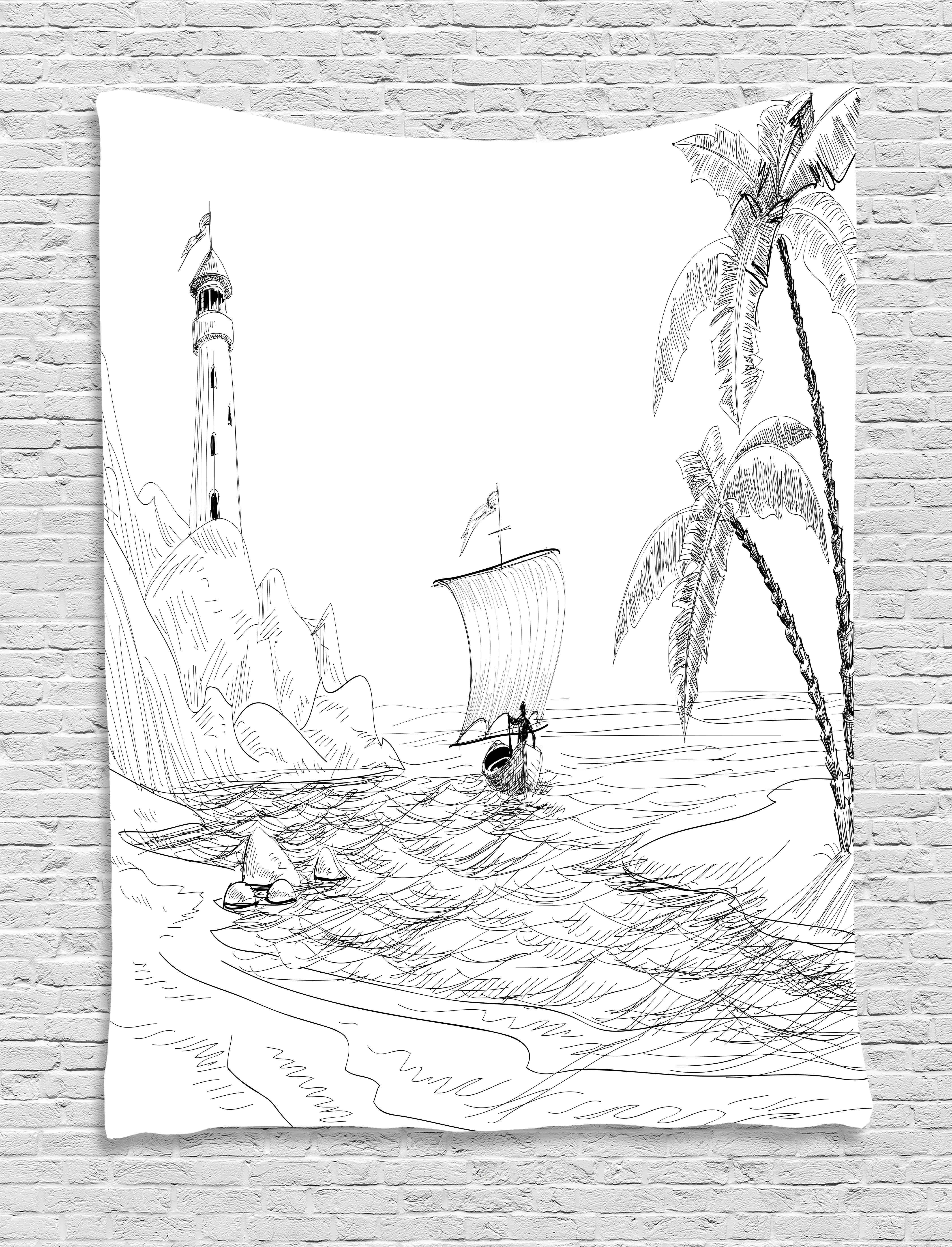4252x5568 Beach Decor Tapestry, Seascape Sketch With Boat Palm Tree And - Palm Tree Beach Sketch