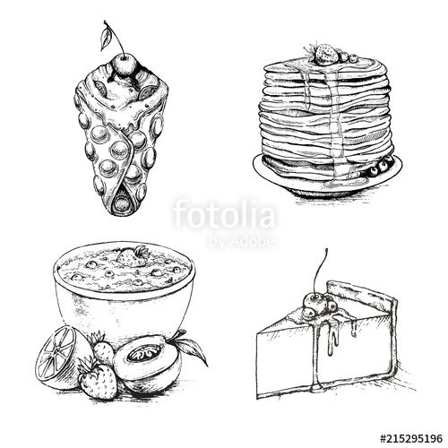500x500 Sketch Of Dessert Collection. Doodle Pencil Illustration Of Cake - Pancake Sketch