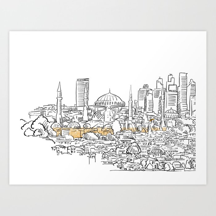 700x700 Modern And Old Istanbul Panorama Drawing Art Print By Hebstreit - Panorama Sketch