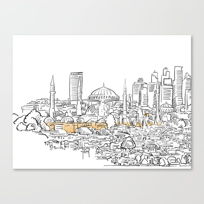 700x700 Modern And Old Istanbul Panorama Drawing Canvas Print By Hebstreit - Panorama Sketch