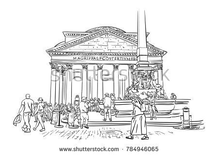 450x320 Sketch Of Tourists In Front Of Ancient Roman Building Pantheon - Pantheon Sketch