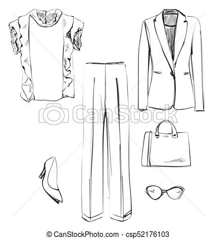 428x470 Set Of Clothes For Women. Shirt, Jacket, Pants, Handbag, Shoes And - Pants Sketch