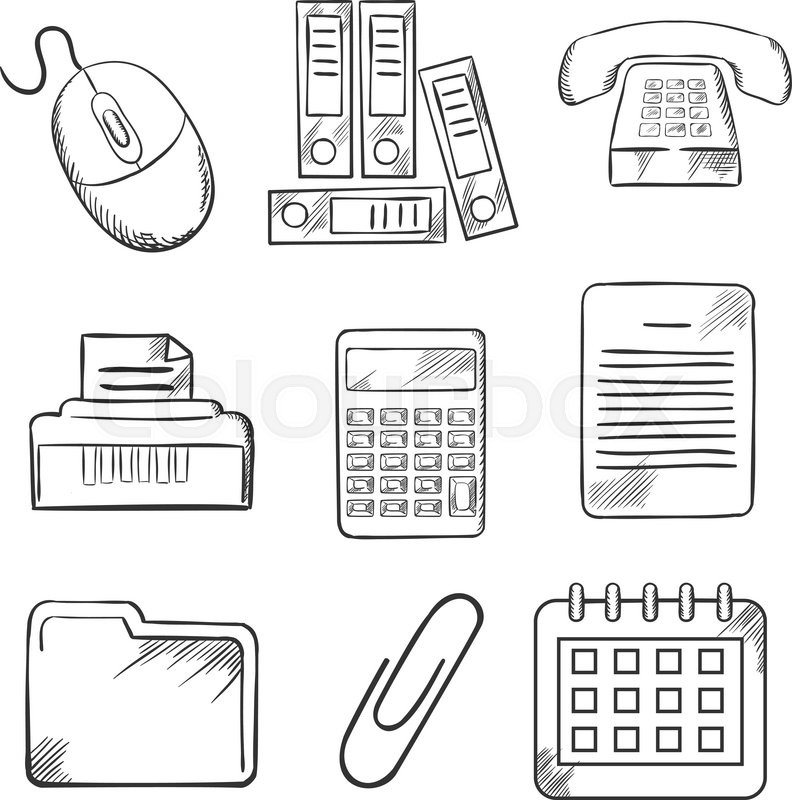 792x800 Sketched Office And Business Icons With Files, Calculator, Printer - Paper Clip Sketch