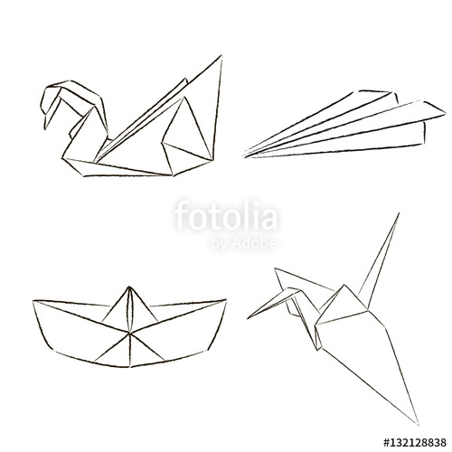 500x500 Origami Set. Sketch In Vector. Paper Plane, Crane, Swan And Ship - Paper Crane Sketch