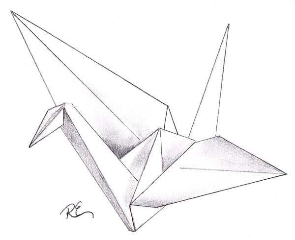 600x490 Origami Crane Drawing - Paper Crane Sketch