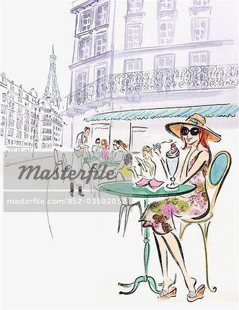 347x450 Woman Enjoying Milkshake - Paris Cafe Sketch