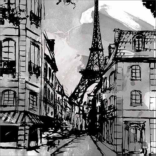 500x500 Eiffel Tower Street Scene Paris Cafamp 233 Sketch Black Amp White - Paris Cafe Sketch