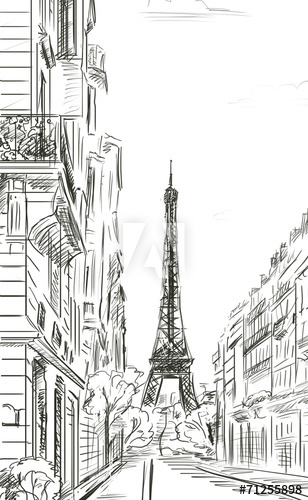 308x500 Street In Autumn Paris. Eiffel Tower Sketch Illustration - Paris Eiffel Tower Sketch