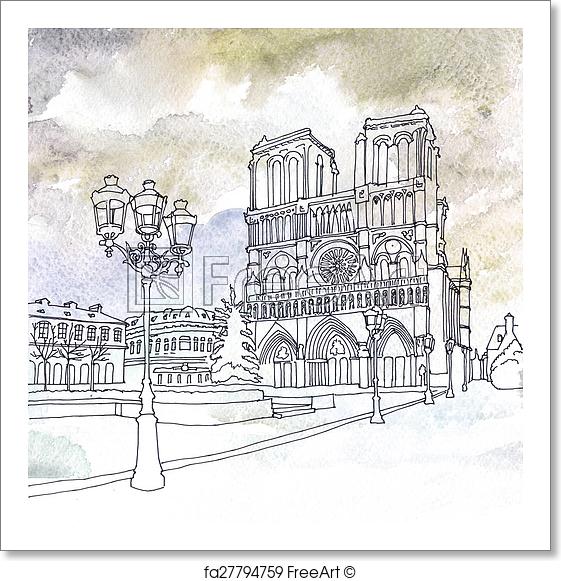 561x581 Free Art Print Of Drawing Of Notre Dame De Paris, France - Paris France Sketch