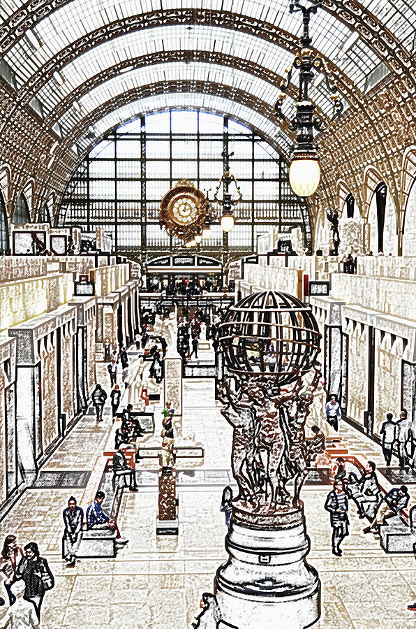 596x900 Orsay Museum Interior Paris France Colored Pencil Digital Sketch - Paris France Sketch