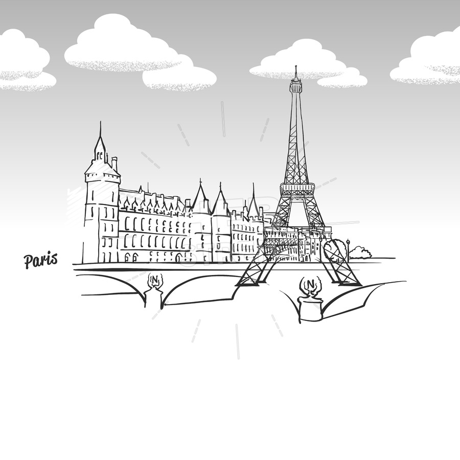 900x900 Paris, France Famous Landmark Sketch Hebstreits - Paris France Sketch