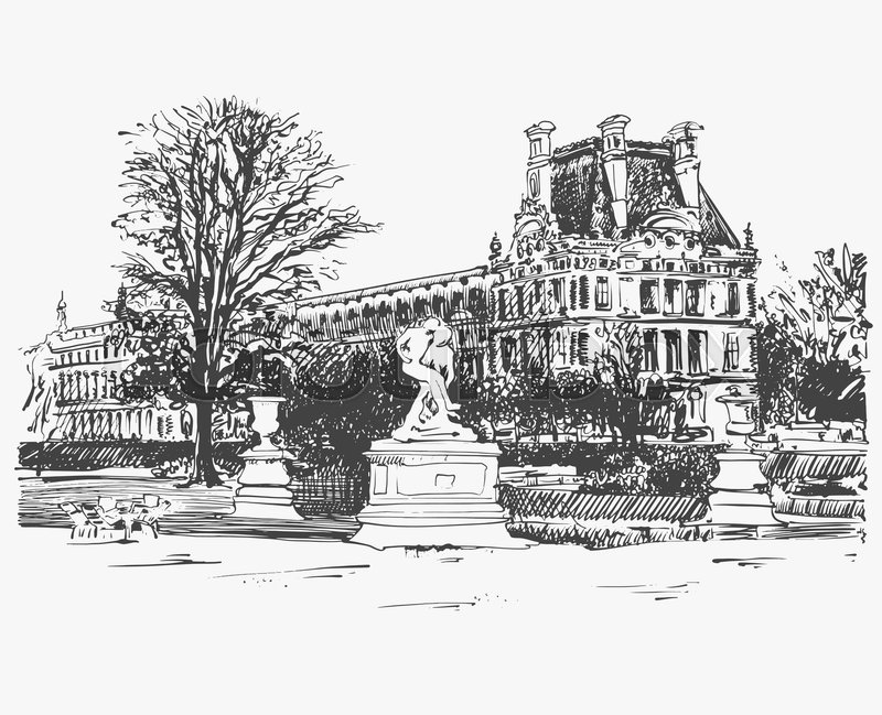 800x649 Sketch Drawing Of The Louvre, Famous Place From Paris, France - Paris France Sketch