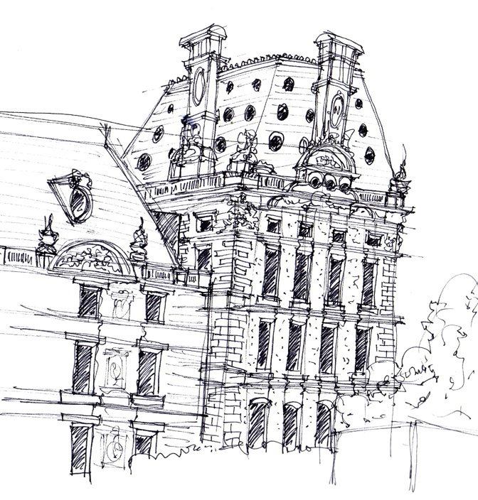 672x704 Architecture Sketch The Louvre Museum In Paris, France The - Paris France Sketch