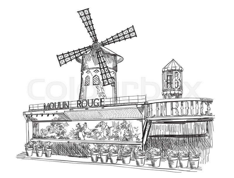 800x611 Cabaret Moulin Rouge (Landmark Of Paris, France) Vector Isolated - Paris France Sketch