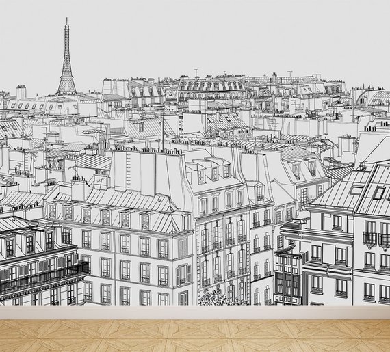 570x515 Wall Mural Paris Skyscape Peel And Stick Repositionable Etsy - Paris Sketch Wallpaper