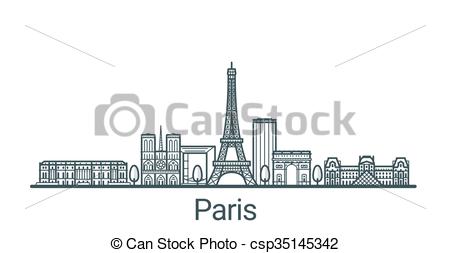 450x253 Outline Paris Banner. Linear Banner Of Paris City. All Buildings - Paris Skyline Sketch