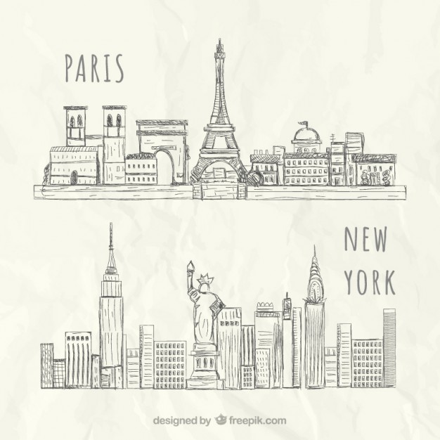 626x626 Sketchy New York And Paris Skylines Vector Premium Download - Paris Skyline Sketch