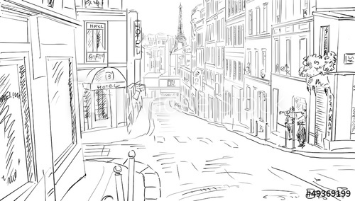 500x284 Street In Paris Sketch Illustration - Paris Street Sketch