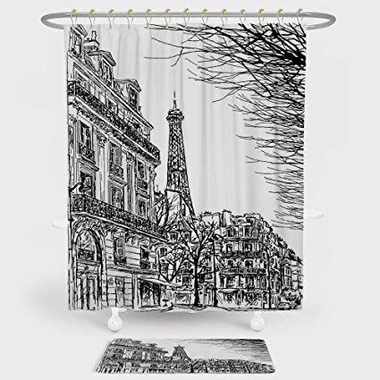 425x425 Paris Shower Curtain And Floor Mat Combination Set - Paris Street Sketch