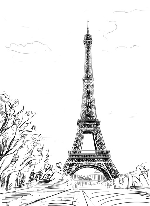 512x700 Street In Paris. Eiffel Tower Sketch Illustration Wall Mural - Paris Tower Sketch