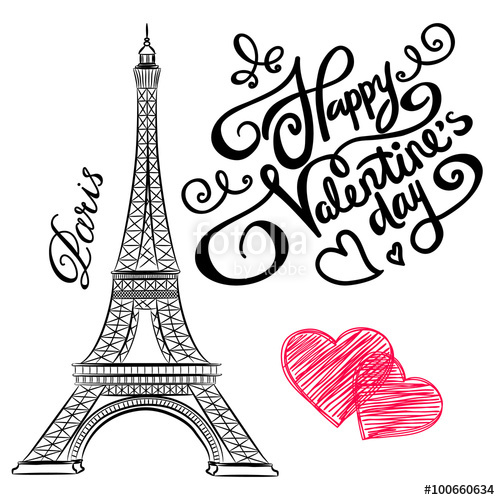 500x500 Sketch Of Paris, Eiffel Tower With Hearts. Vector Illustration - Paris Tower Sketch