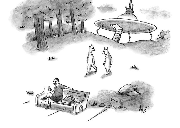 700x500 Two Aliens Approach A Man On A Park Bench Greeting Card For Sale - Park Bench Sketch