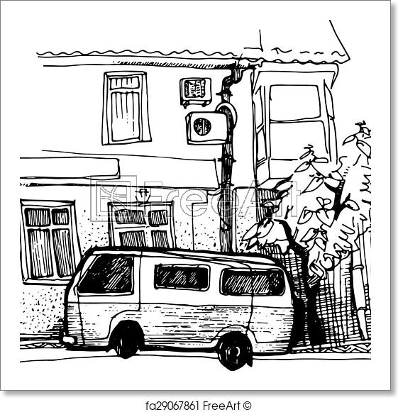 561x581 Free Art Print Of Ink Sketch Van Parking Near The House. Ink - Parking Sketch