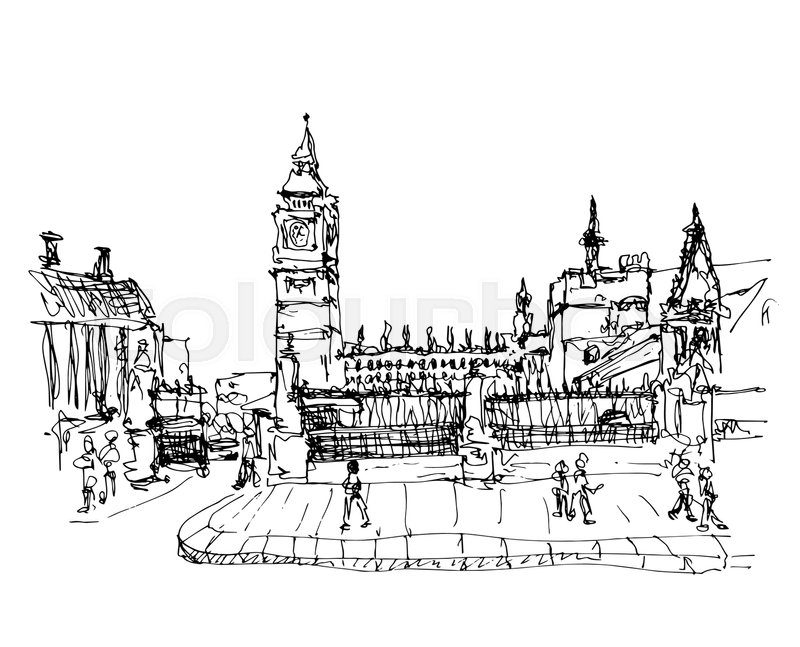 800x647 Black And White Ink Sketch Drawing Of Famous Place In London, Big - Parliament Sketch