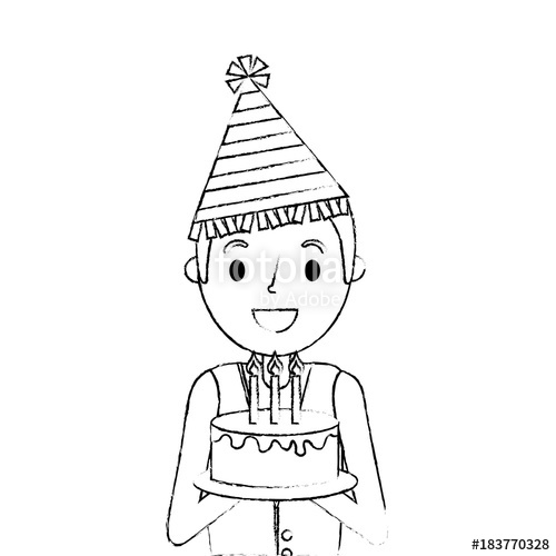 500x500 Happy Man Holding Birthday Cake Wearing Party Hat Vector - Party Hat Sketch