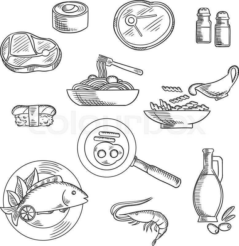 778x800 Healthy Food Sketch Icons Of Sushi Roll And Nigiri, Pasta And - Pasta Sketch