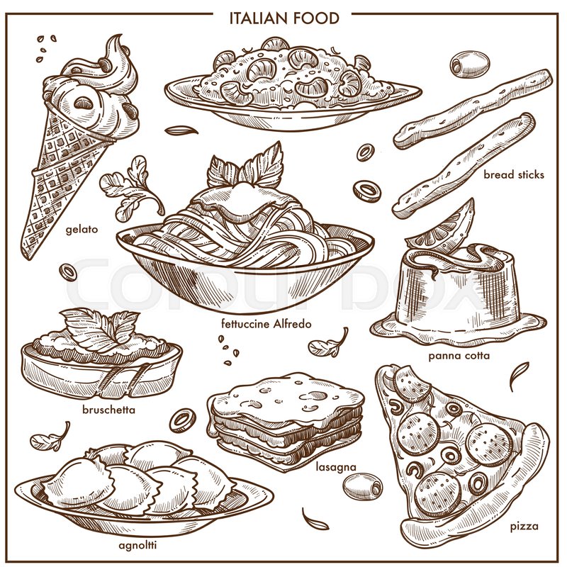 800x800 Italian Cuisine Sketch Traditional Food Dishes Of Pasta Spaghetti - Pasta Sketch