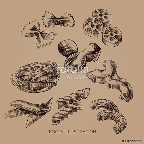 500x500 Set Of Italian Pasta Sketches Isolated On Old Paper Background - Pasta Sketch