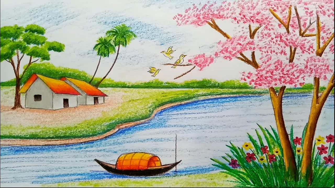 1280x720 How To Draw Landscape Scenery Of Spring Season With Oil Pastels - Pastel Color Sketch
