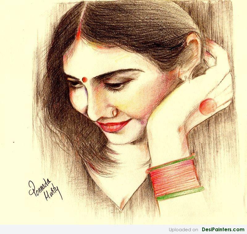 800x759 Indian Beauty Pencil Color Drawing - Pastel Color Sketch