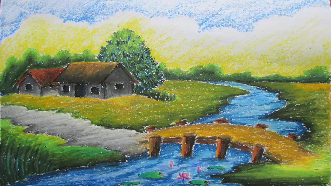 1280x720 Pastel Tutorial How To Draw A Village Landscape With Oil Pastels - Pastel Color Sketch