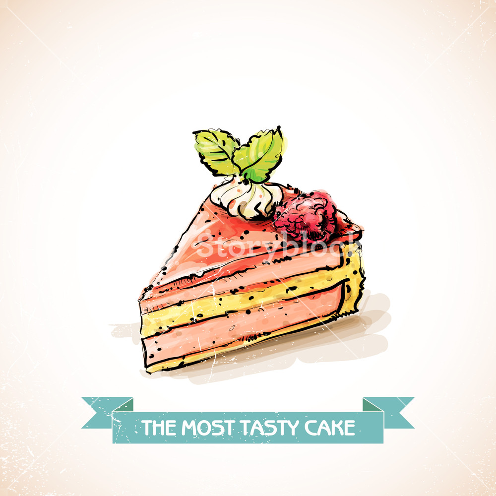 1000x1000 Slice Of Raspberry Cake. Sketch + Watercolor Style. Vector - Pastry Sketch