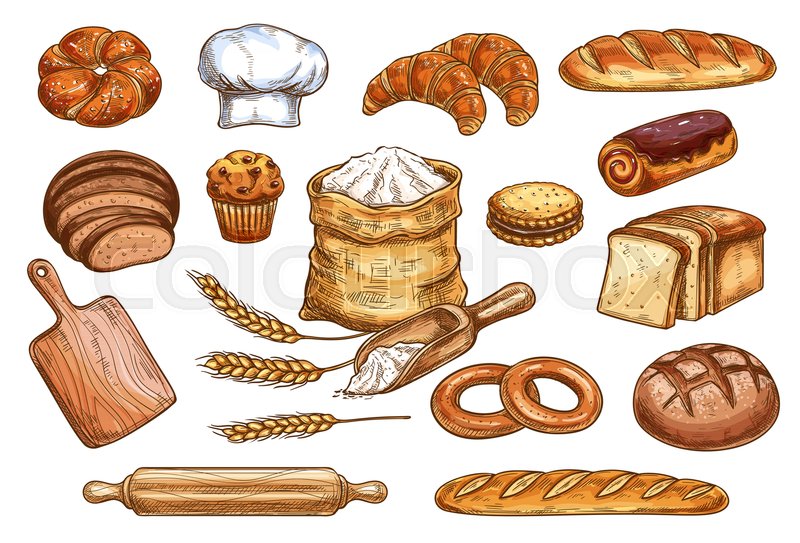 800x543 Bakery Sketch Bread Or Pastry And Baker Chef Items. Vector Icons - Pastry Sketch