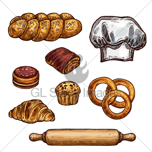 500x500 Bread, Croissant And Bun, Cake And Cupcake Sketch Gl Stock Images - Pastry Sketch
