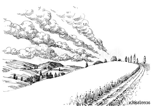 500x350 Idyllic Landscape Sketch. Small Village, Summer Clouds In The Sky - Pathway Sketch