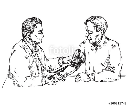 500x417 The Doctor Checks The Blood Pressure Of An Elderly Patient, Hand - Patient Sketch