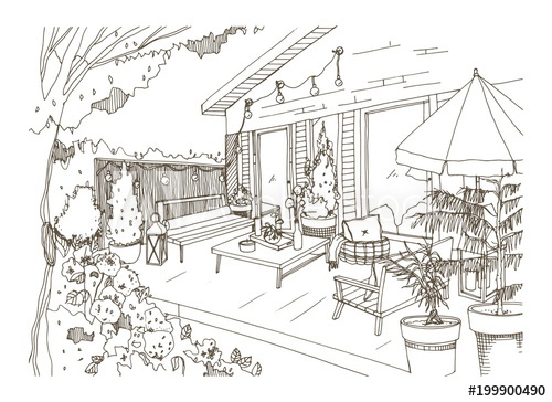 500x364 Freehand Sketch Of Backyard Patio Or Terrace Furnished In Scandic - Patio Sketch