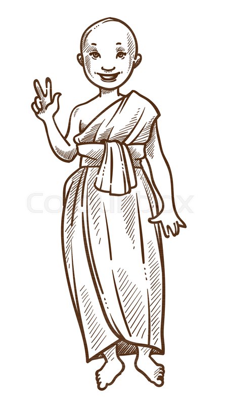 445x800 Smiling Monk Showing Gesture Monochrome Sketch Outline. Hand Drawn - Peace Hand Sketch