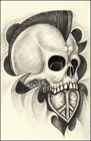 387x599 Pencil Sketch Skull With Peace Symbol And Mowhawk Border Around - Peace Sketch
