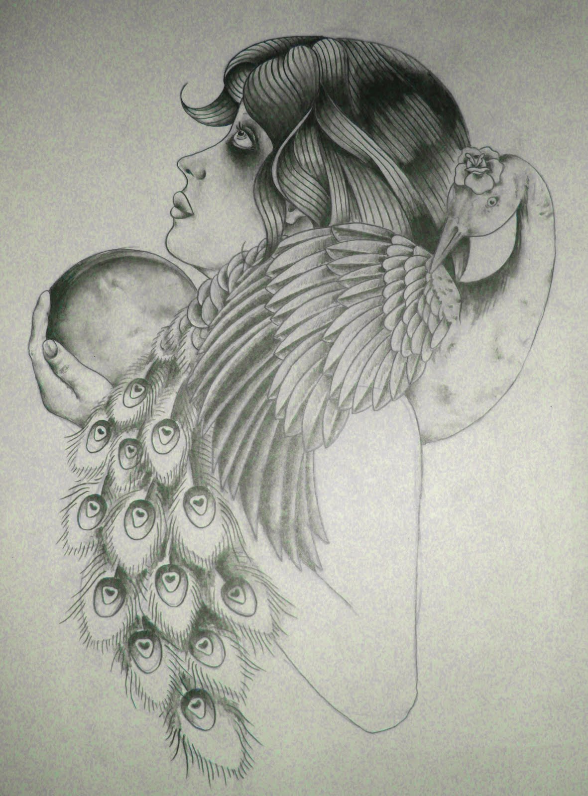1181x1600 Grey Ink Peacock And Gypsy Tattoo Design - Peacock Tattoo Sketch
