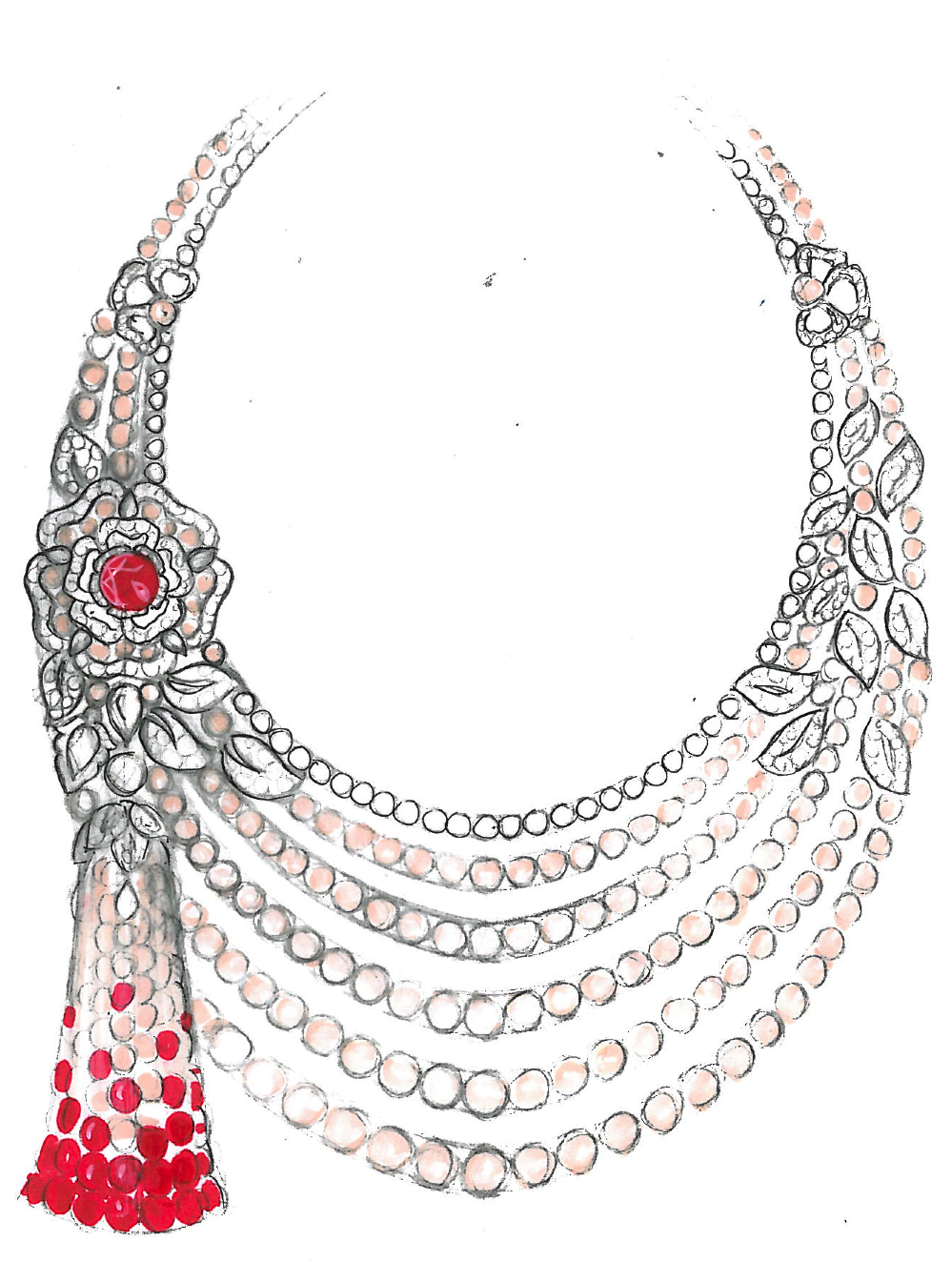999x1345 High Jewellery Tudor Rose Ruby And Pearl Necklace Rough Sketch By - Pearl Necklace Sketch